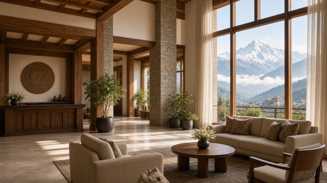 Bright hotel lobby with Himalayan mountain light — Innora for Bhutan hotels