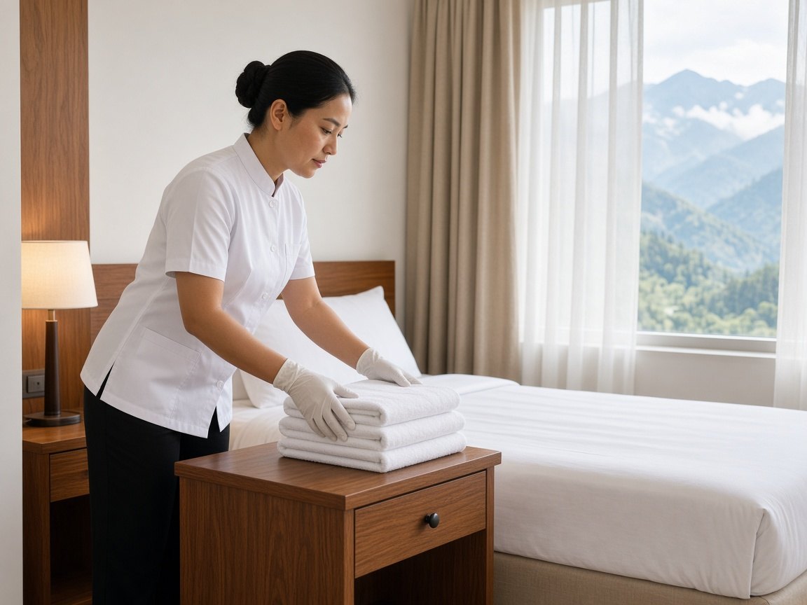 Bhutanese housekeeping preparing a guest room