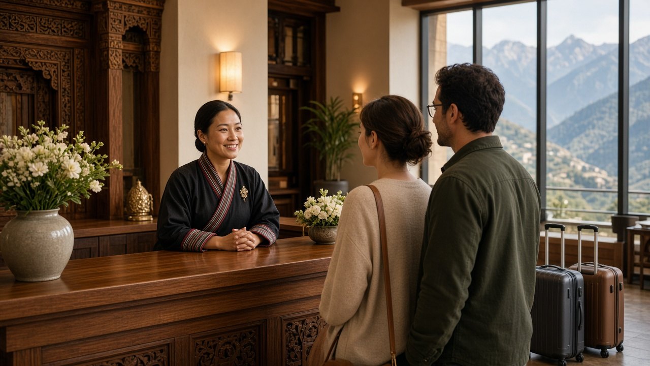 Bhutanese receptionist welcoming arriving guests