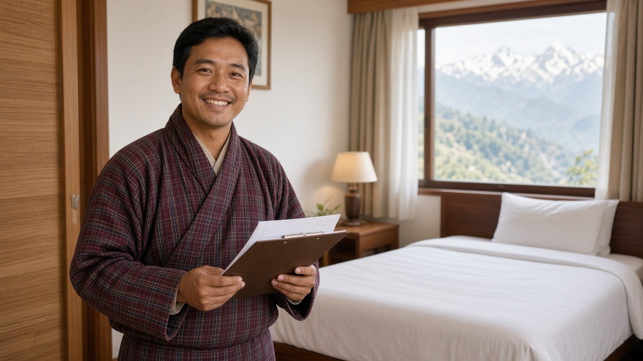 Bhutanese hotelier checking a guest room during onboarding