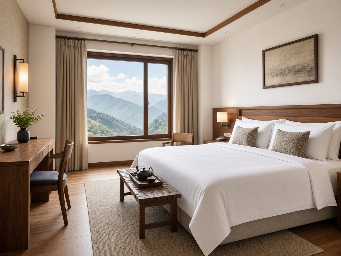 Guest room ready for arrival with mountain view