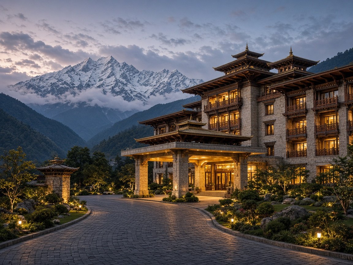 Larger resort entrance in the Bhutan mountains