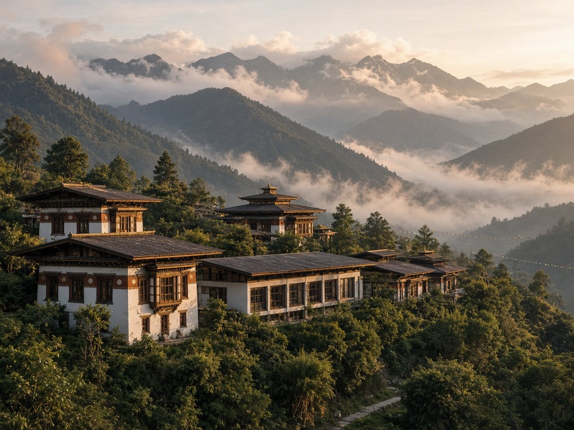 Multiple boutique hotels on Bhutan hillsides