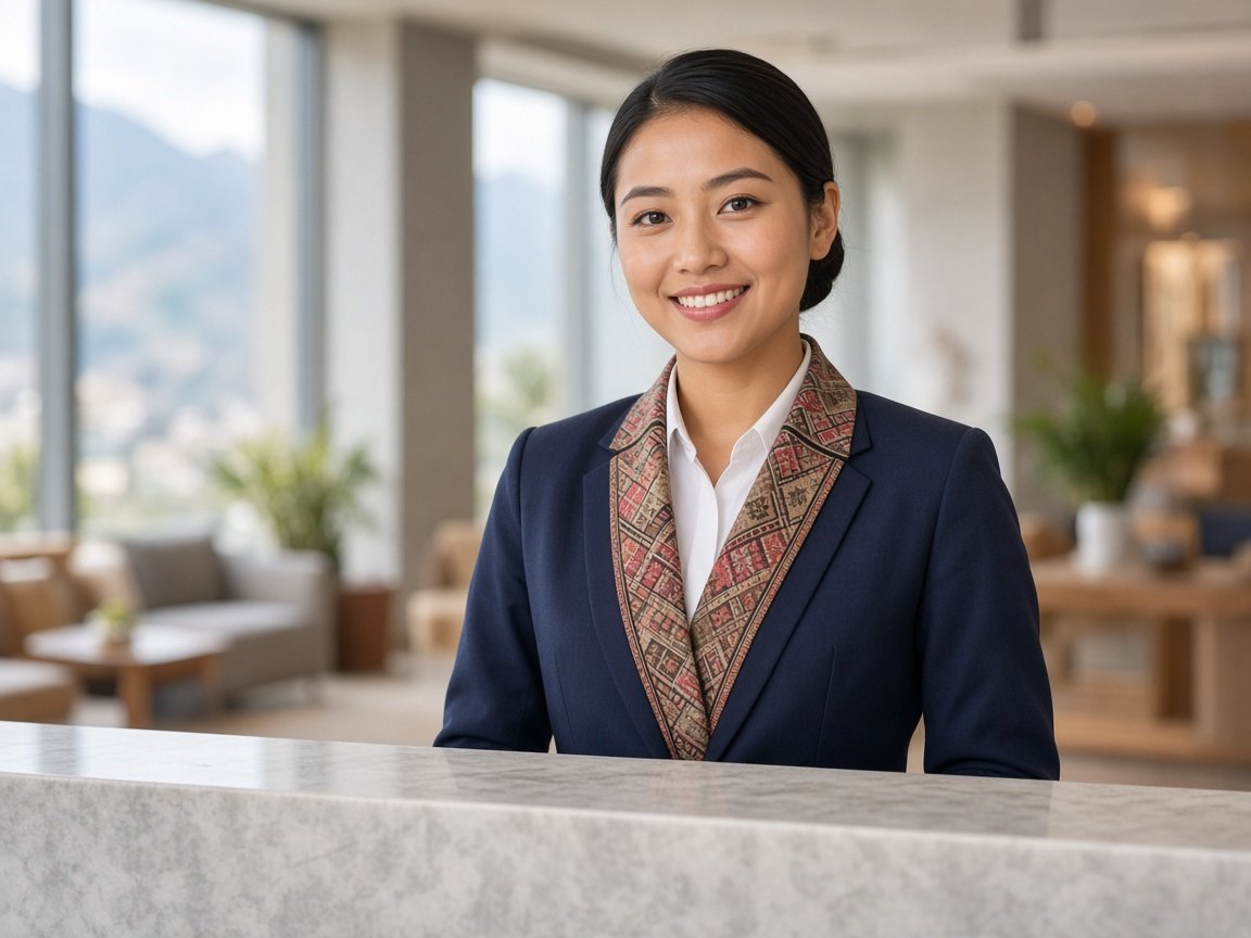 Bhutanese front desk staff welcoming guests